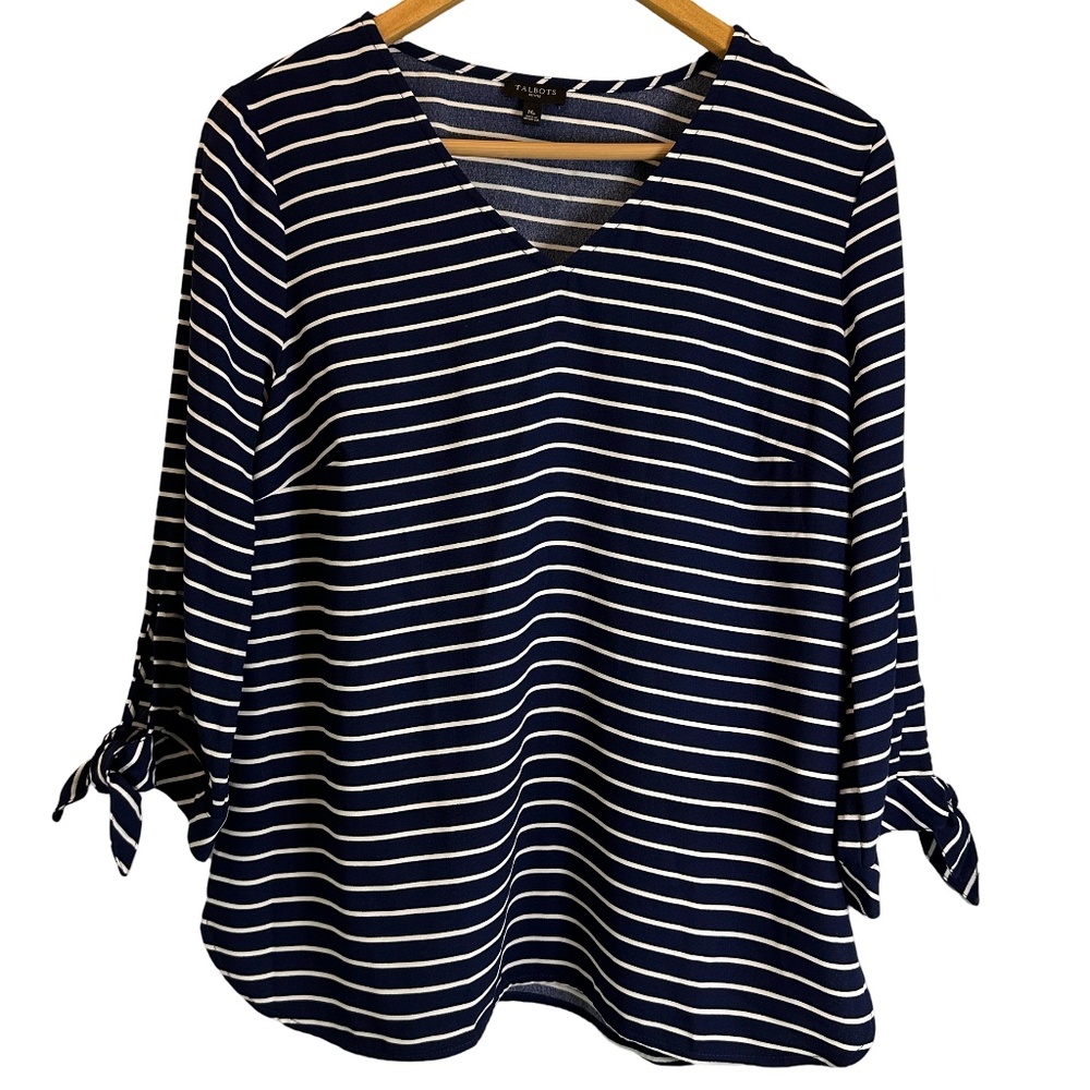 Talbots MP Striped Tunic with 3/4 Tie Sleeves and‎ V-neck Collar *Versatile*